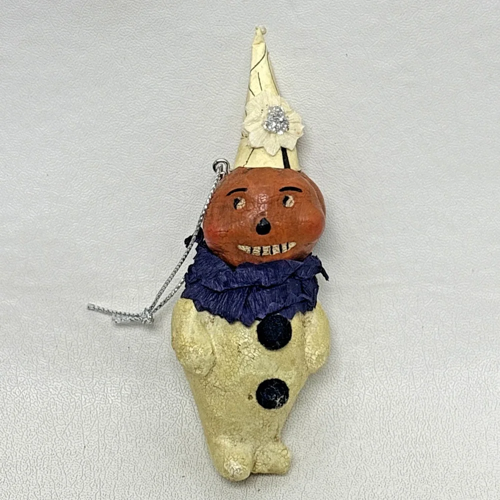 Vintage Rare Paper Mache Halloween Pumpkin Clown Ornament Figurine Creepy 80s